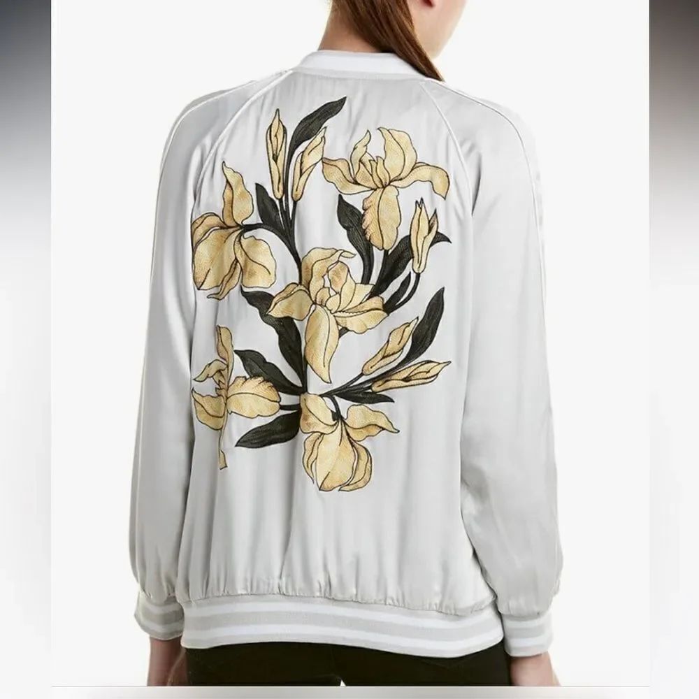 Equipment Bomber Jacket Womens  Sz XS Silk  Light Gray Back Embroidered NWT